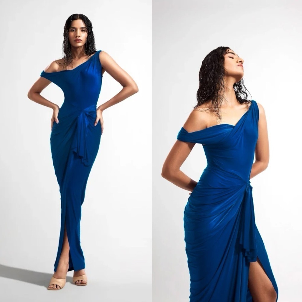 Deme Nellie One Shoulder Draping Greek Goddess Dress in Royal Blue